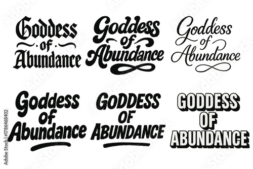 Diverse Lettering Harmony. Goddess of Abundance. Set lettering. harmonious lettering variations of the same emblematic concept (Gothic-inspired decorative
