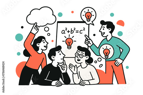 Collaborative Brainstorming Session. Creative problem-solving and collaboration. A group of people brainstorming, with thought bubbles and lightbulbs