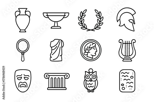 Greek Relics Icons. Greek relics. Line icon set of Greek relics: amphora, kylix, laurel wreath, hoplite helmet, bronze mirror, statue fragment, drachma coin,