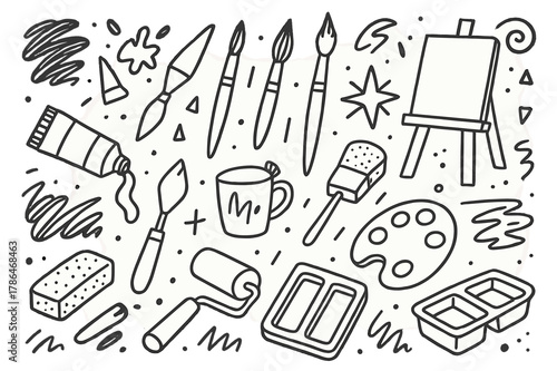 Art Supplies Doodle. Acrylic painting. Hand-drawn doodle illustration acrylic painting paint tubes, brushes, canvas, palette knife, easel, strokes, cup,