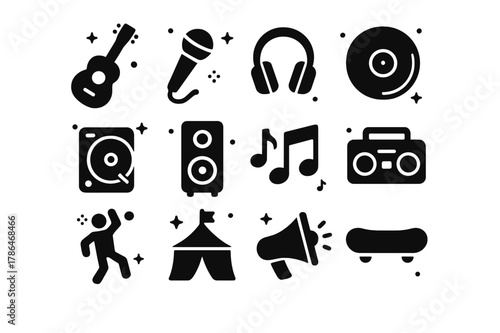 Street Music Icons. Street Music Culture. Solid icons set of Street Music Culture: guitar, microphone, headphones, vinyl record, DJ turntable, speaker, music