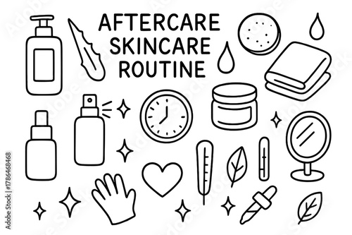 Skincare Aftercare Essentials. Aftercare skincare routine. Hand-drawn doodle illustration Aftercare skincare routine lotion bottle, aloe leaf, droplet, cotton