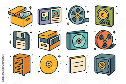 Memory Storage Icons. Memory and archive storage. Colorful isometric vector icons set of Memory and archive storage: photo box, album book, film reel, old hard