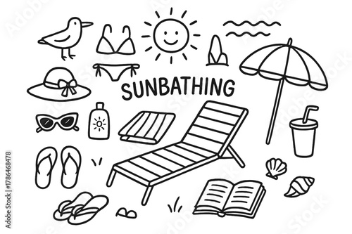 Sunbathing Essentials Doodle. Sunbathing. Hand-drawn doodle illustration sunbathing lounge chair, towel, umbrella, sunglasses, sunscreen, bikini, sandals,