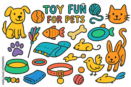 Colorful Pet Toy Doodles. toy fun for pets. Colorful Hand-drawn doodle Children illustration toy fun for pets dog, cat, ball, chew toy, yarn, mouse toy,