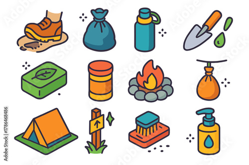Leave No Trace Icons. Leave No Trace while hiking. Colorful isometric vector icons set of Leave No Trace while hiking: footprint on trail, trash bag, reusable