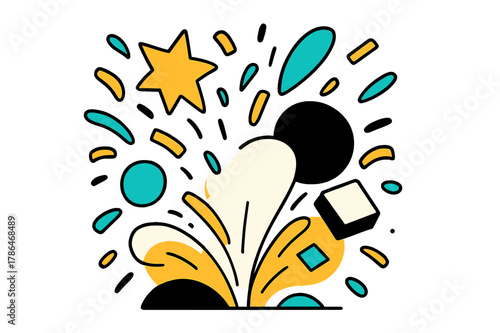 Confetti Geometry. Confetti Explosion. Burst of colorful confetti with floating abstract geometric shapes and soft light reflections, celebratory and energetic