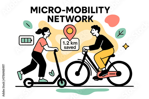 E-Bike Mobility Network. Micro-Mobility Network. E-bikes and scooters glide in clean lanes; a map pin reads ?. km saved.? Battery bars and leaf badges float