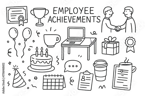 Employee Achievement Celebration. Employee Achievements. Hand-drawn doodle illustration Employee Achievements certificate, trophy, laptop, desk, coworker