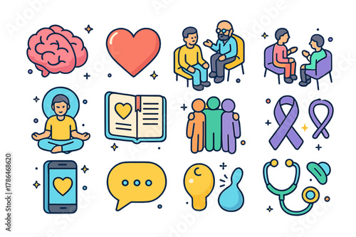 Emotional Health Icons. Emotional health. Colorful isometric vector icons set of emotional health: brain, heart, therapist, counseling session, mindfulness,