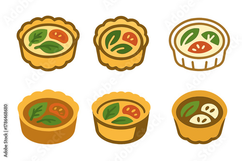 Vegetable Quiche Logos. Vegetable quiche. Set Logo of Vegetable quiche: tart filled with spinach and tomato. harmonious logo variations of the same emblematic