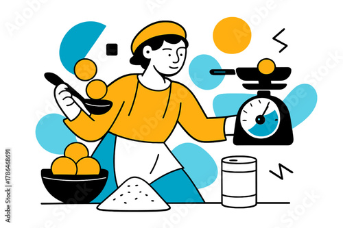 Measured Food Portions. Rationing Food. Person measuring portions of food with floating abstract geometric shapes and soft light accents, careful and organized