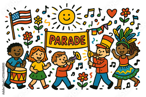 Joyful Cultural Parade. Cultural parade. Colorful Hand-drawn doodle Children illustration Cultural parade flags, drums, costumes, marching band, banners,