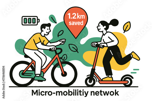 E-Bike Mobility Network. Micro-Mobility Network. E-bikes and scooters glide in clean lanes; a map pin reads ?. km saved.? Battery bars and leaf badges float