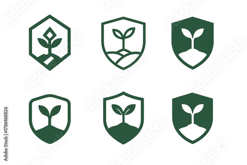 Rainforest Conservation Logos. Rainforest conservation. Set Logo of Rainforest conservation: shield with sprouting tree. harmonious logo variations of the same