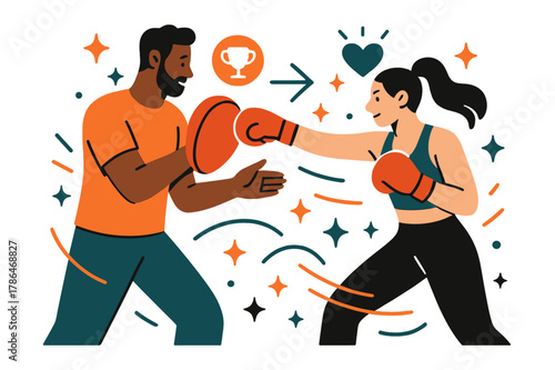 Dynamic Boxing Coaching. Fitness training and personal coaching. Trainer demonstrating boxing techniques with client; abstract floating icons, motion lines,