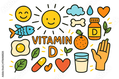 Vitamin D Symbols. Vitamin D. Colorful Hand-drawn doodle Children illustration Vitamin D sun, bone, milk glass, fish, egg, supplement bottle, cloud, smiley,