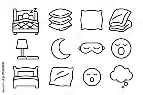 Pillow Dream Icons. Soft, Fluffy Pillows Surrounding Someone in Bed. Line icon set of Soft, Fluffy Pillows Surrounding Someone in Bed: bed frame, headboard,
