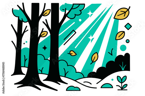 Geometric Forest Serenity. Silent Forest. Sunlight filtering through dense forest with floating abstract geometric light rays and leaves, peaceful and tranquil