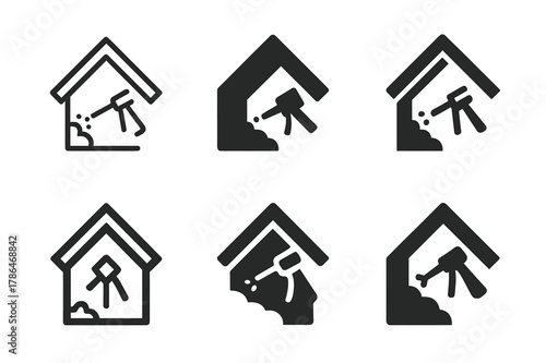 Foam Sealing Logos. Spray foam sealing. Set Logo of Spray foam sealing: foam gun filling gap at rafter. harmonious logo variations of the same emblematic
