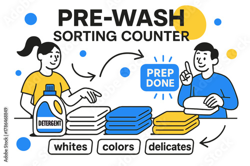 Pre-Wash Sorting Scene. Pre-Wash Sorting Counter. A clean countertop layout with detergent, labels, and folded stacks; ?Prep Done? tag glows softly near a