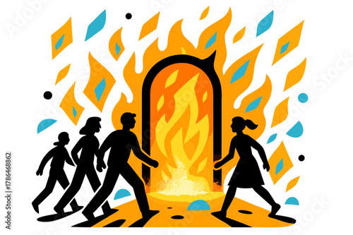 Silhouettes and Fiery Gates. Figures Walking Towards Fiery Gates. Close-up of silhouettes walking toward glowing fiery gates with floating abstract geometric