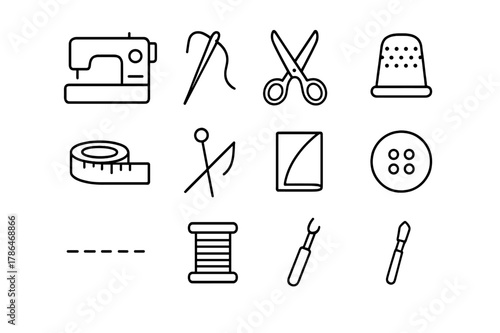 Tailoring Tools Icons. Tailoring tools. Line icon set of tailoring tools: sewing machine, needle, thread, scissors, thimble, measuring tape, pin, fabric fold,