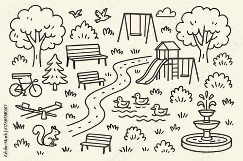 Lively Park Scene. Park. Hand-drawn doodle illustration Park trees, benches, swings, slides, seesaws, playgrounds, walking trails, bicycles, birds, squirrels,