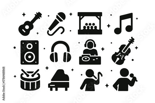 Music Icons Collection. Music Festival. Solid icons set of music festival: guitar, microphone, stage, crowd, music note, speaker, headphones, DJ, violin, drum,