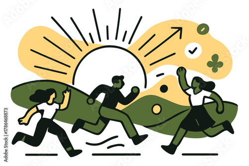 Sunrise Over Hills. Sun and horizon. Stylized glowing sun rising over minimalistic hills, abstract rays and