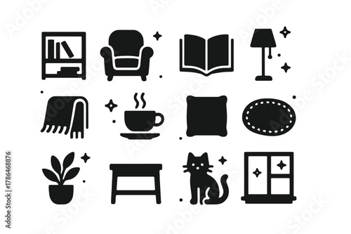 Cozy Reading Essentials. Book Lover?s Spot. Solid icons set of Book Lover?s Spot: bookshelf, armchair, book, lamp, blanket, coffee cup, cushion, rug, plant,
