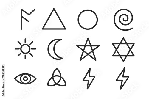 Mystical Rune Icons. Mystical runes. Line icon set of mystical runes: elder futhark rune, pentagram, triangle symbol, circle symbol, spiral, sun symbol, moon