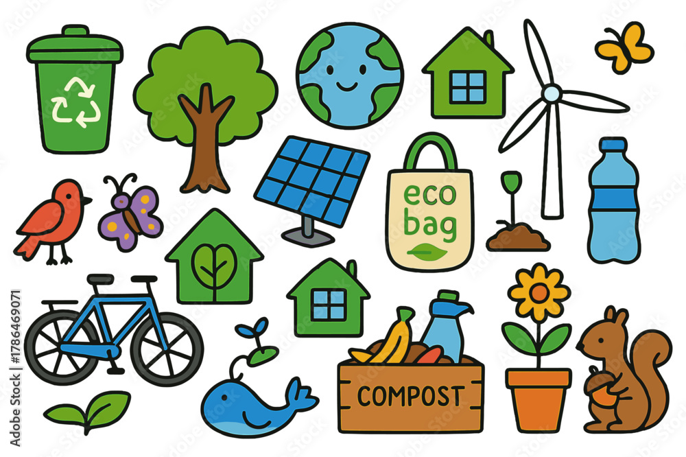 Naklejka premium Colorful Eco Doodle. Eco-Friendly Living. Colorful Hand-drawn doodle Children illustration Eco-Friendly Living recycling bin, tree, solar panel, wind turbine,