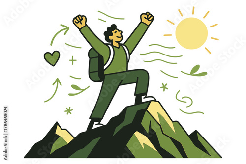 Summit Victory Exhilaration. Mountain summit achievement. Hiker reaching the top of a rocky peak with raised