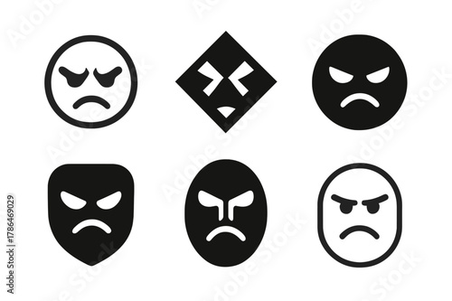 Uneasy Face Logos. Uneasy face. Set Logo of Uneasy face: shadowed eyes under brow. harmonious logo variations of the same emblematic concept, each with