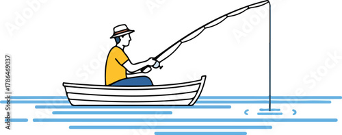 Man in Rowboat Fishing with Rod and Reel on Water Illustration