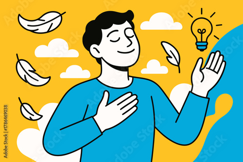 Emotional Release Serenity. A person experiencing a moment of relief after practicing emotional release techniques, surrounded by floating feathers, gentle