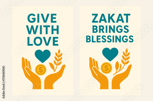 Zakat Charity Banners. Charity (Zakat). Two vertical A6 banners with safe margins, centered composition, no elements touching edges, modern, turquoise and