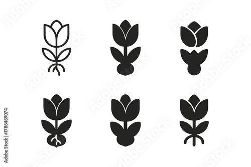 Tulip Logo Variations. Planting bulbs for spring. Set Logo of Planting bulbs for spring: Tulip. harmonious logo variations of the same emblematic concept, each