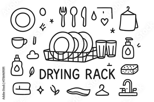 Doodle Kitchen Essentials. Drying Rack. Hand-drawn doodle illustration of Drying Rack. In the middle, one