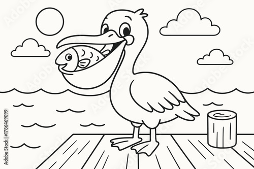 Pelican's Catch Coloring Page. Pelican fishing children?s coloring book illustration, outlined drawing, a smiling pelican standing on a pier with a fish in its