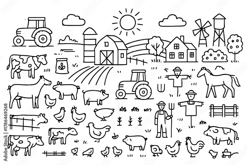 Fototapeta premium Farm Doodle Illustration. farm landscape. Hand-drawn doodle illustration farm landscape tractors, cows, pigs, chickens, horses, barns, silos, fences, fields,