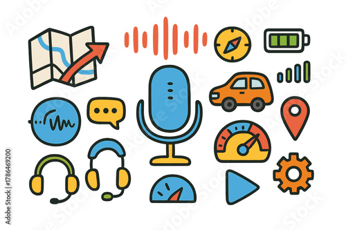 Colorful Navigation Icons. Navigation voice assistant interface. Colorful Hand-drawn doodle Children illustration Navigation voice assistant