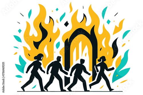 Silhouettes Before Fiery Gates. Figures Walking Towards Fiery Gates. Figures silhouetted against fiery gates with floating abstract geometric flames and