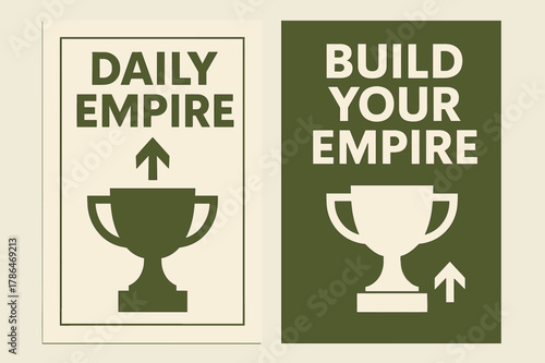 Olive Green Banners. Daily empire. Two vertical A6 banners with safe margins, centered composition, no elements touching edges, geometric, olive green and