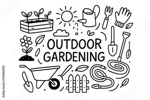 Outdoor Gardening Doodle. Outdoor Gardening. Hand-drawn doodle illustration of Outdoor Gardening. planter box,