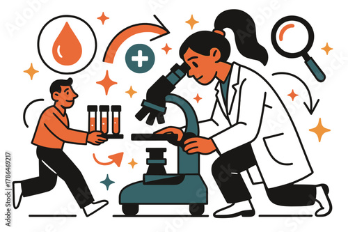 Dynamic Blood Analysis. Blood test. Lab analysis of blood samples with microscope and abstract floating icons, arrows, and sparkles; conveys