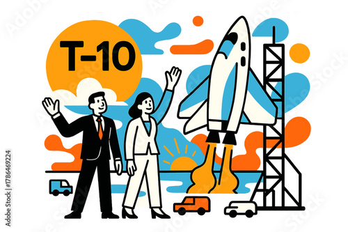 Suborbital Launch Moment. Suborbital Launch Pad. Passengers in sleek suits wave as the rocketplane hums; countdown digits ?T?? float beside rippling exhaust