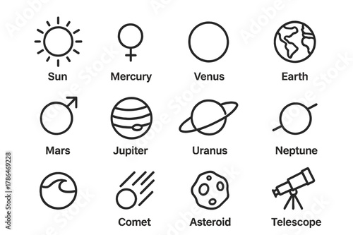 Celestial Icons Set. Celestial bodies. Line icon set of celestial bodies: sun, mercury, venus, earth, mars, jupiter, saturn, uranus, neptune, comet, asteroid,