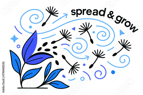 Seeds on the Wind. Seeds ? Wind Scatter. Light gusts lift seeds from a pod; spiral lines mark flight paths. Text ?spread & grow? arcs through the breeze.